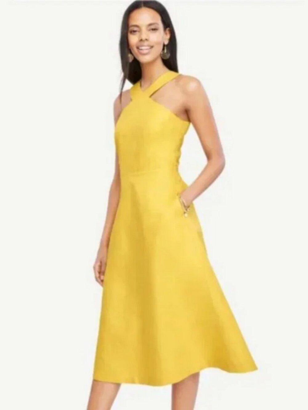 Ann Taylor Linen Halter Dress Yellow Gold